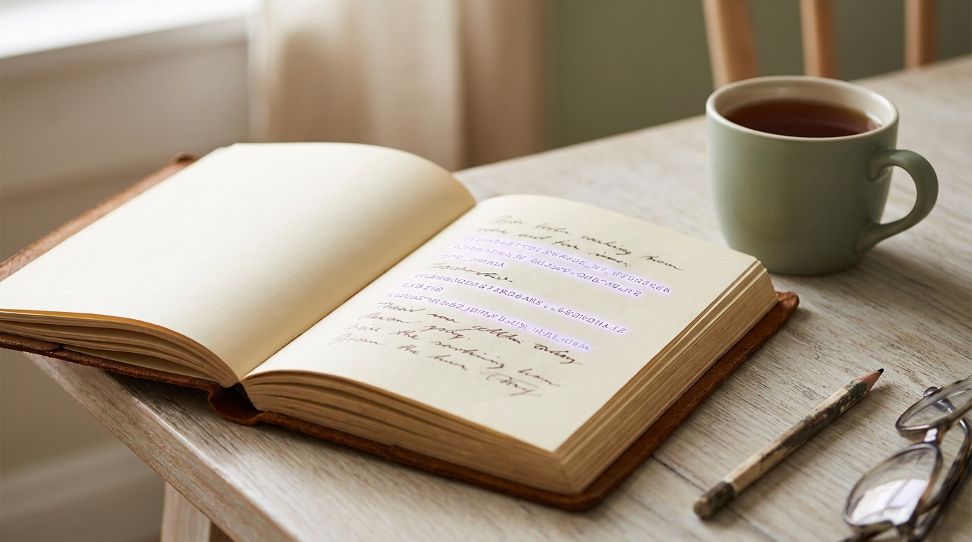 Aufgeschlagenes Notizbuch mit Handschrift, zwischen den Zeilen leuchtet getippter Text in Violett.