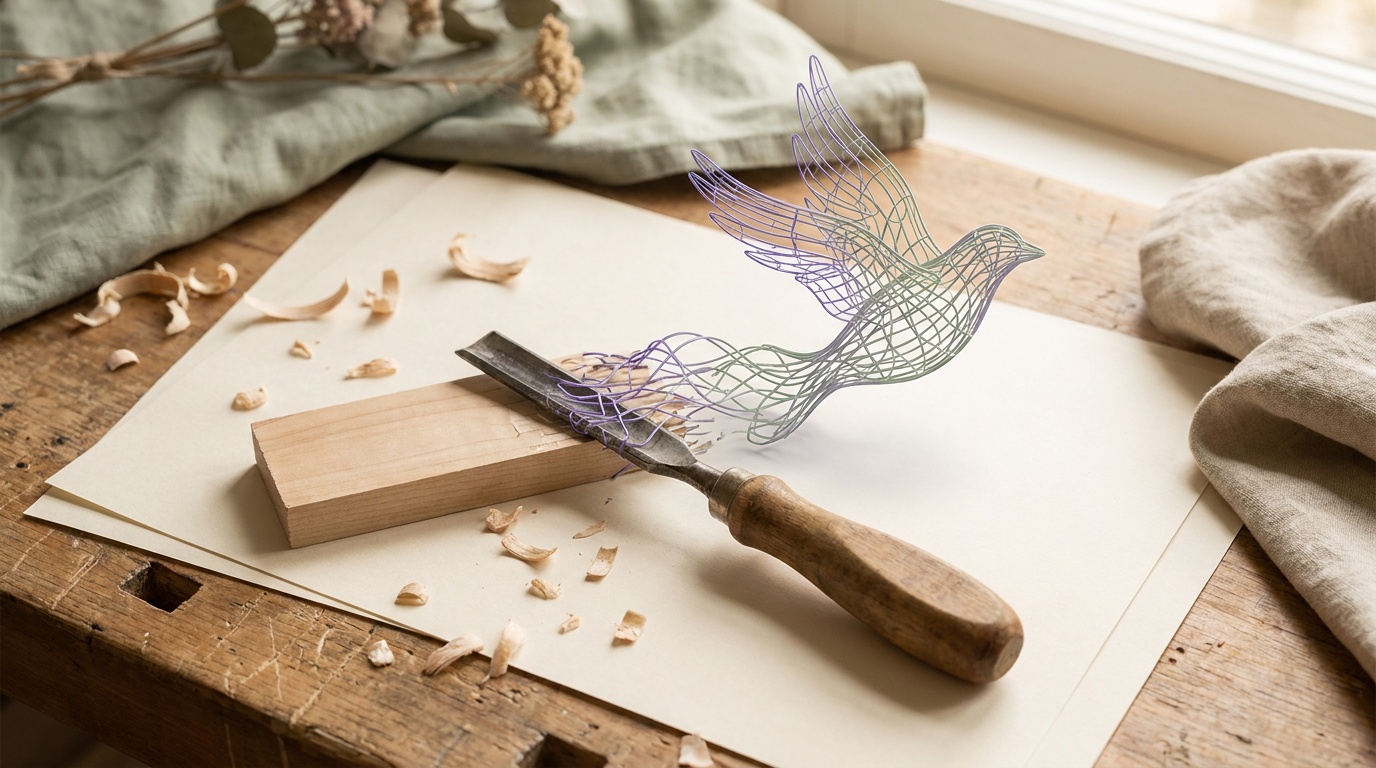 Ein Stechbeitel auf der Werkbank, aus dessen Klinge ein Vogel aus leuchtenden Linien wird.