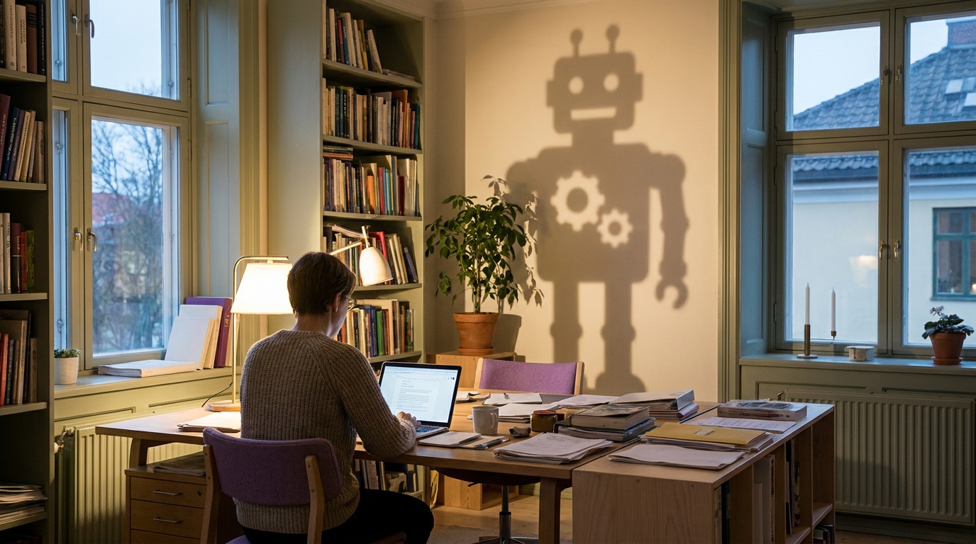Person am Laptop im Arbeitszimmer, ihr Schatten an der Wand hat die Form eines Roboters.