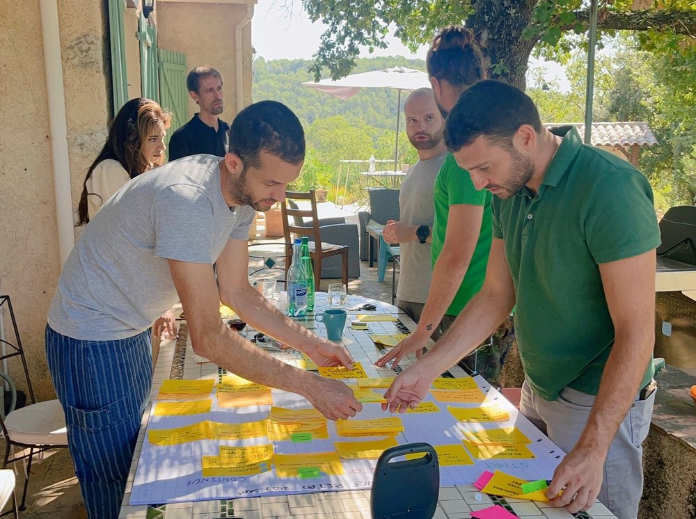 Team arbeitet auf einer Terrasse in Südfrankreich an einem großen Retrospektive-Poster.