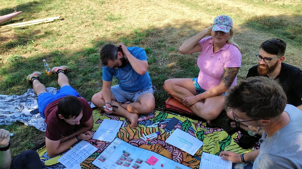 Gruppe sitzt auf einer Decke auf der Wiese und arbeitet mit ausgedruckten Arbeitsblättern.