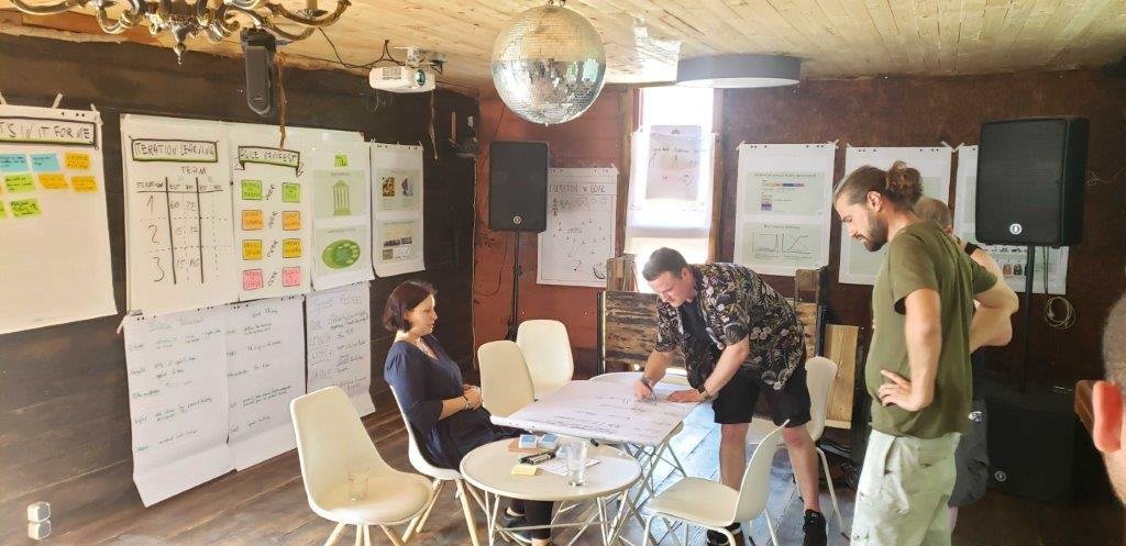 Trainingsraum in einer Holzhalle mit Flipcharts, ein Teilnehmer schreibt an einem kleinen Tisch.