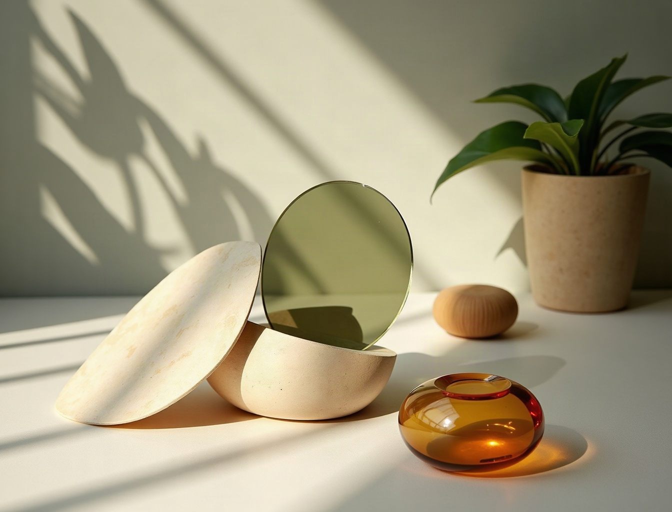 Stillleben aus einer Keramikschale, einer olivgrünen Glasscheibe und einem bernsteinfarbenen Glasobjekt