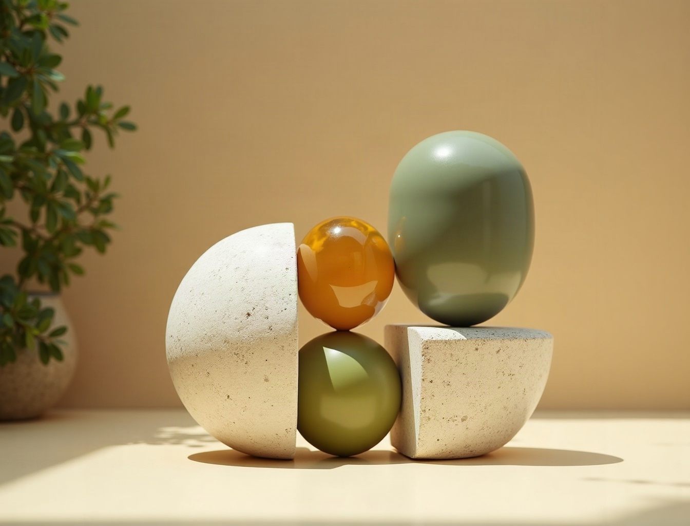 Abgestimmte Stein- und Glasformen in Creme, Olivgrün und Bernstein
