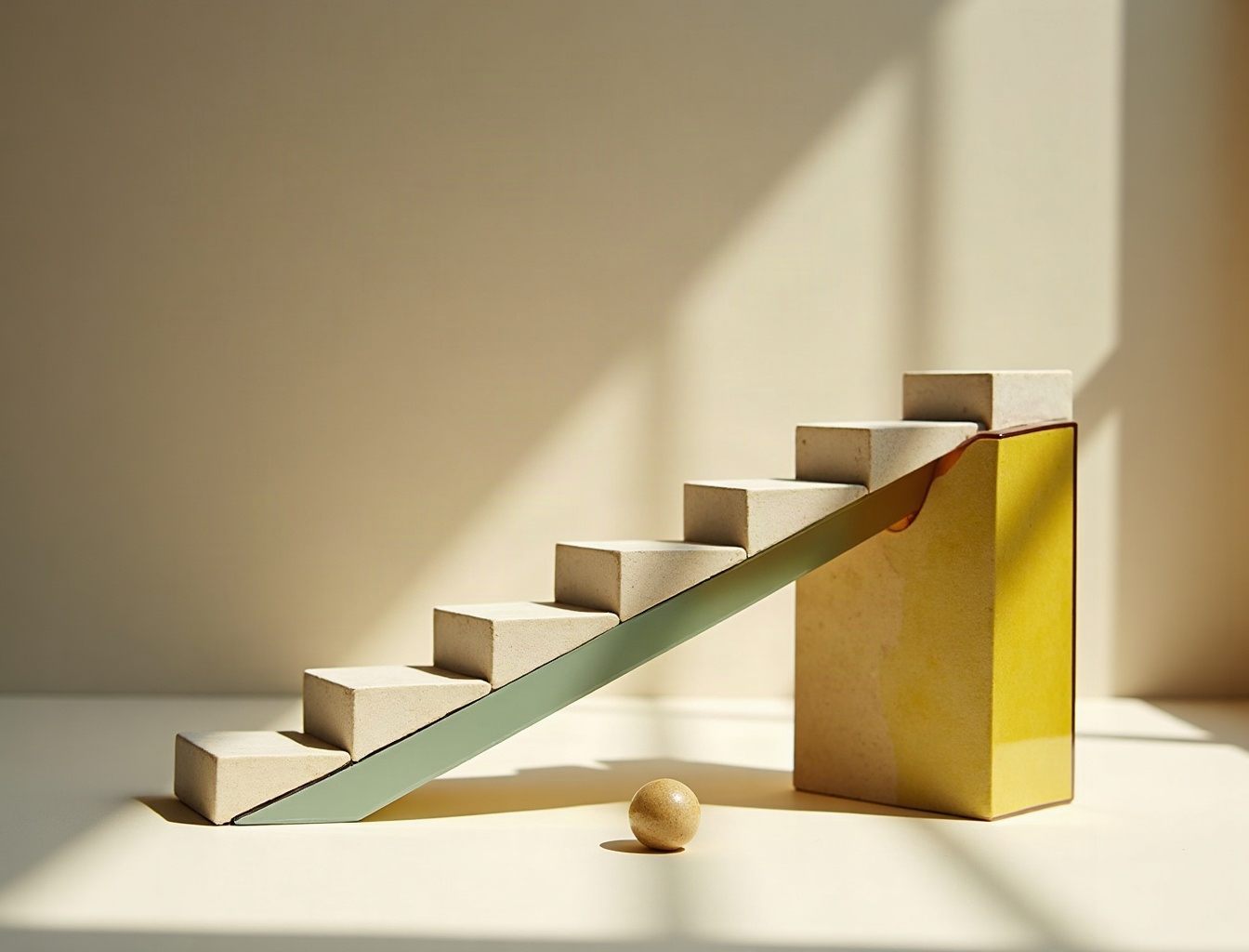 Modell einer Treppe aus hellen Steinmodulen mit einer grünen Glasfläche