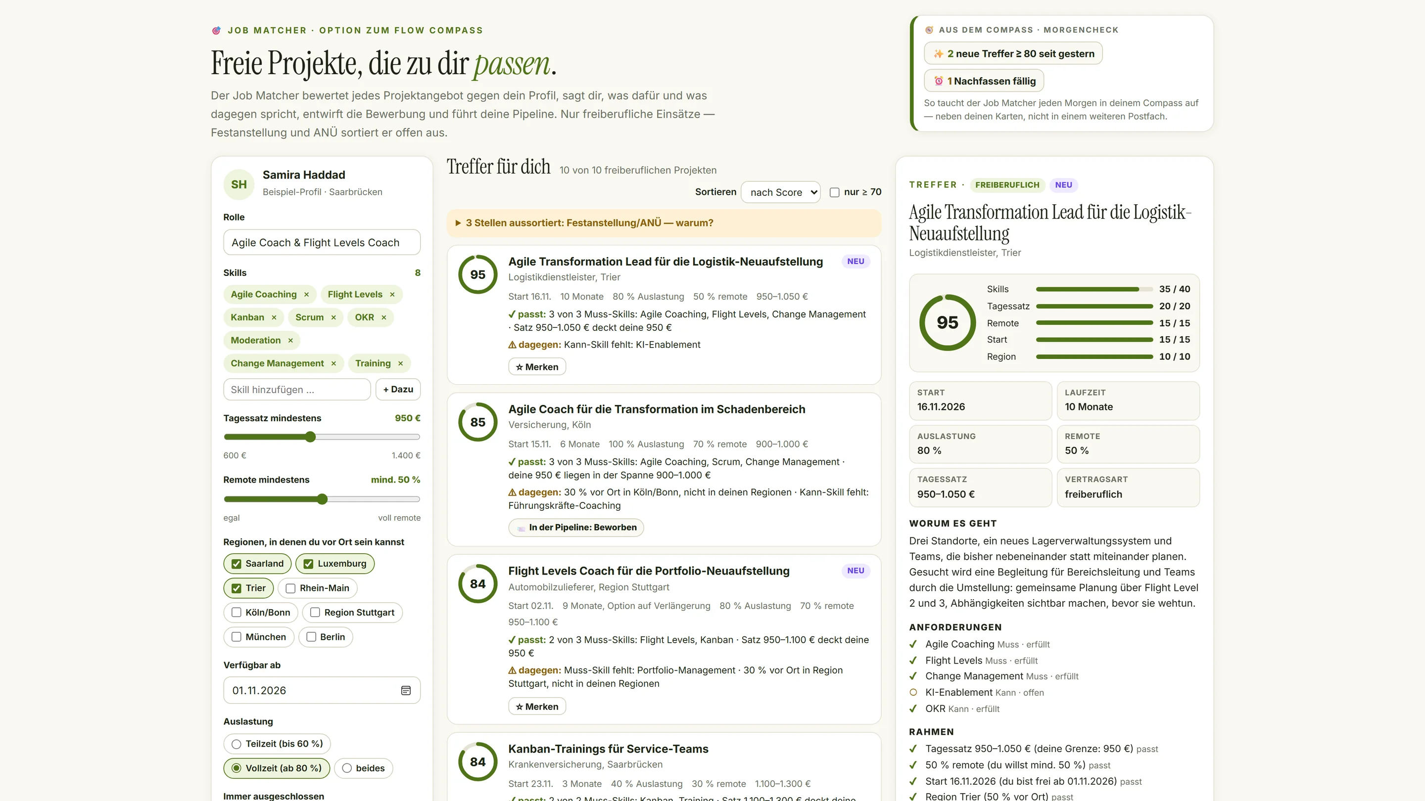 Job Matcher: Profil links, bewertete freiberufliche Projekte rechts, jeder Treffer mit Begründung — Demo mit erfundenen Daten